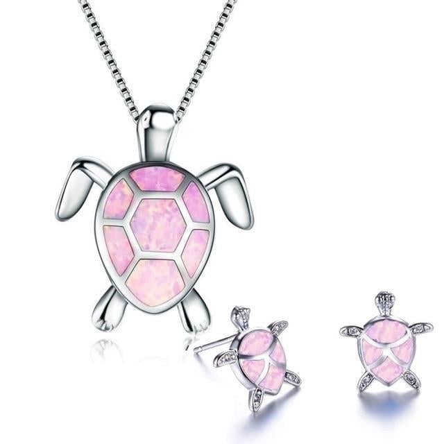 Sea Turtle Necklace + Earrings Set in Opal and Silver - emmy-rae-jewels.com