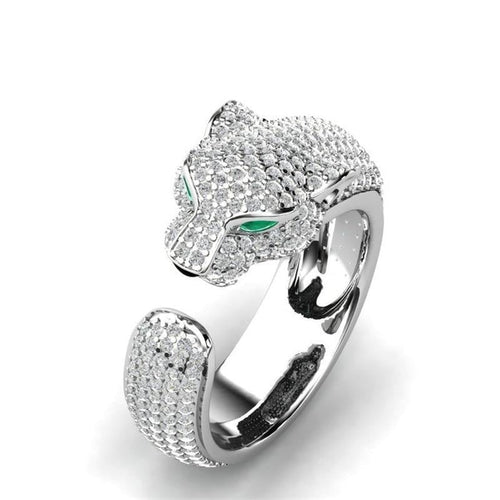 Adjustable Jaguar Ring in 18K Silver and Rose Gold with Green Zirconia Eyes - emmy-rae-jewels.com