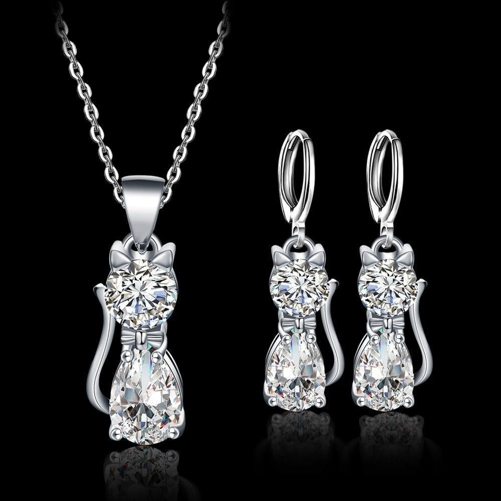 Set Necklace + Earrings Happy Cats in Sterling Silver and Polished White Zirconium - emmy-rae-jewels.com