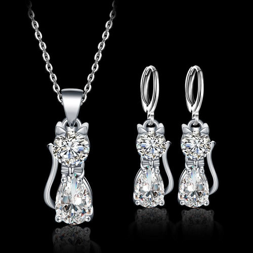 Set Necklace + Earrings Happy Cats in Sterling Silver and Polished White Zirconium - emmy-rae-jewels.com