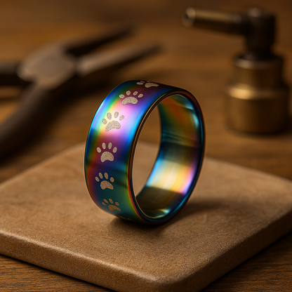 Handmade Rainbow Stainless Steel Paw Print Ring - emmy-rae-jewels.com
