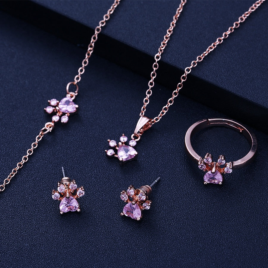 Rose Gold Paw Jewelry Set – 4 Pieces with Zirconia Heart (Ring, Necklace, Earrings, Bracelet) - emmy-rae-jewels.com