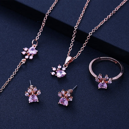 Rose Gold Paw Jewelry Set – 4 Pieces with Zirconia Heart (Ring, Necklace, Earrings, Bracelet) - emmy-rae-jewels.com