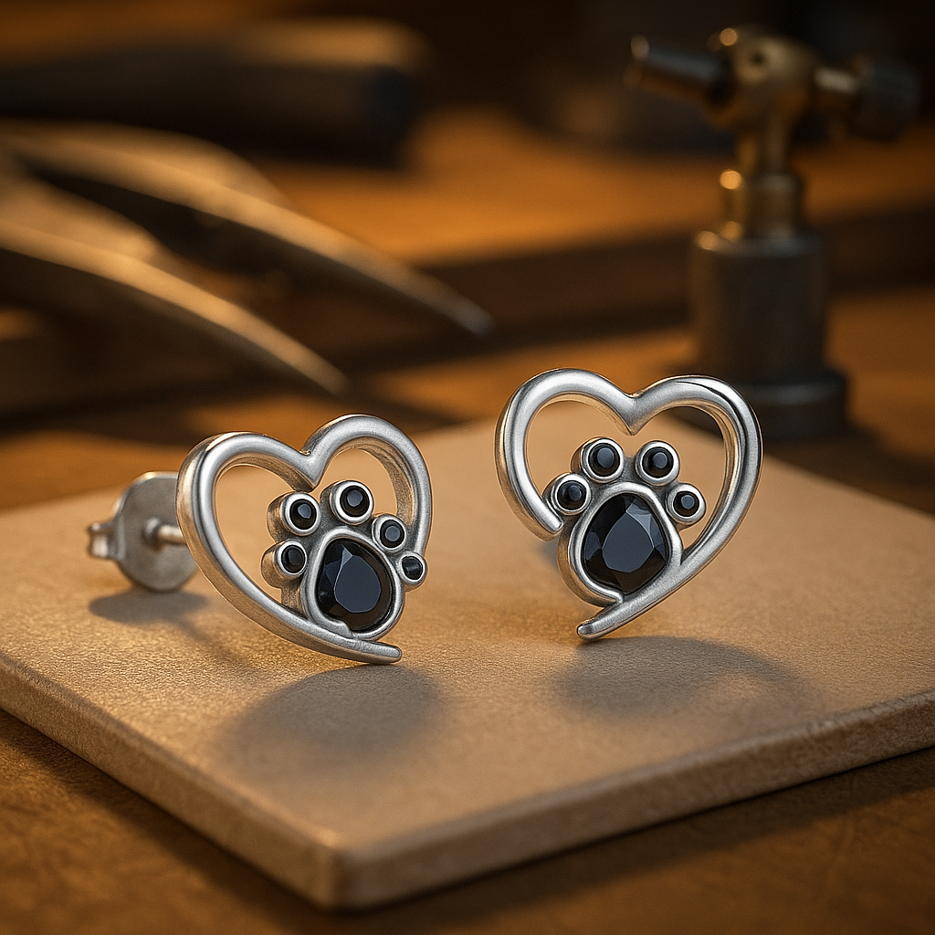 Heart Paw Stud Earrings – Silver with Black Enamel - emmy-rae-jewels.com
