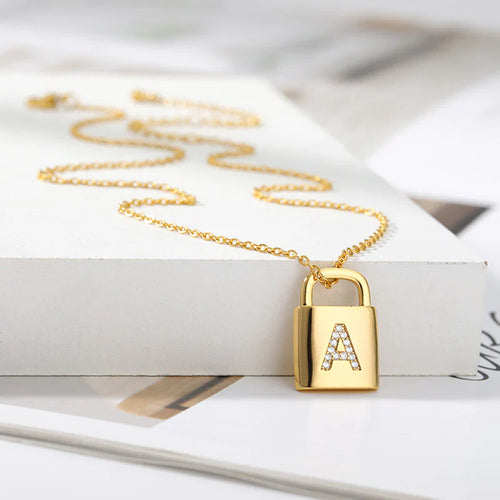 Gold Initial Lock Pendant Necklace - emmy-rae-jewels.com